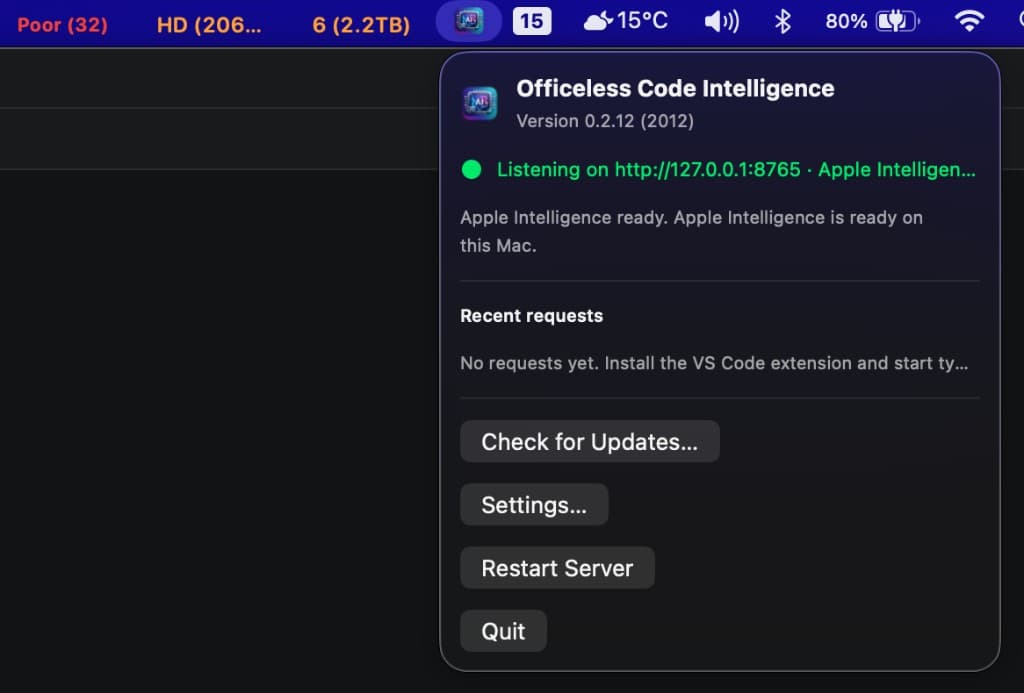 Officeless Code Intelligence macOS menu bar popover showing Apple Intelligence ready and localhost bridge on port 8765