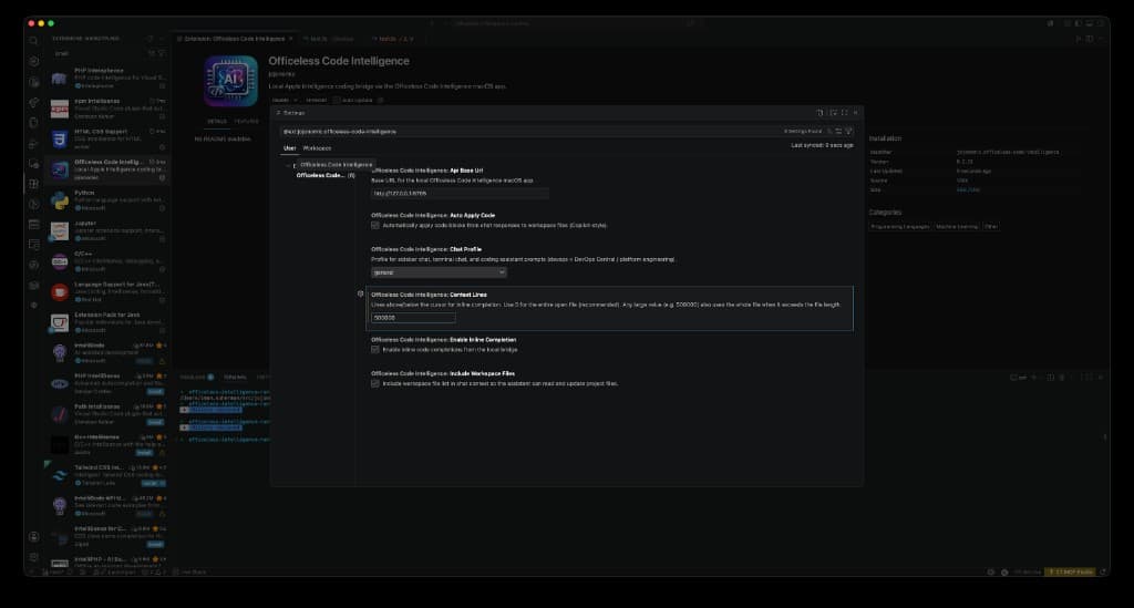 VS Code Officeless Code Intelligence extension settings for context lines, auto apply, and workspace files