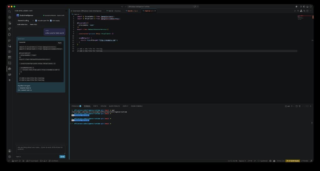 VS Code sidebar chat auto-applying generated TypeScript code to main.ts