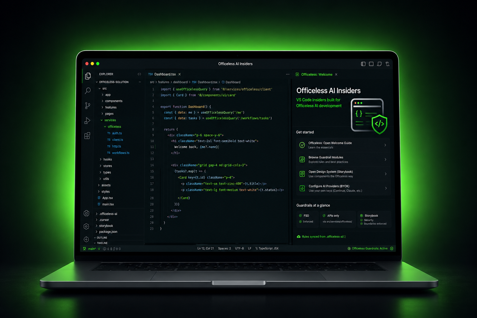 Officeless Code Intelligence IDE — VS Code with embedded guardrails and MCP